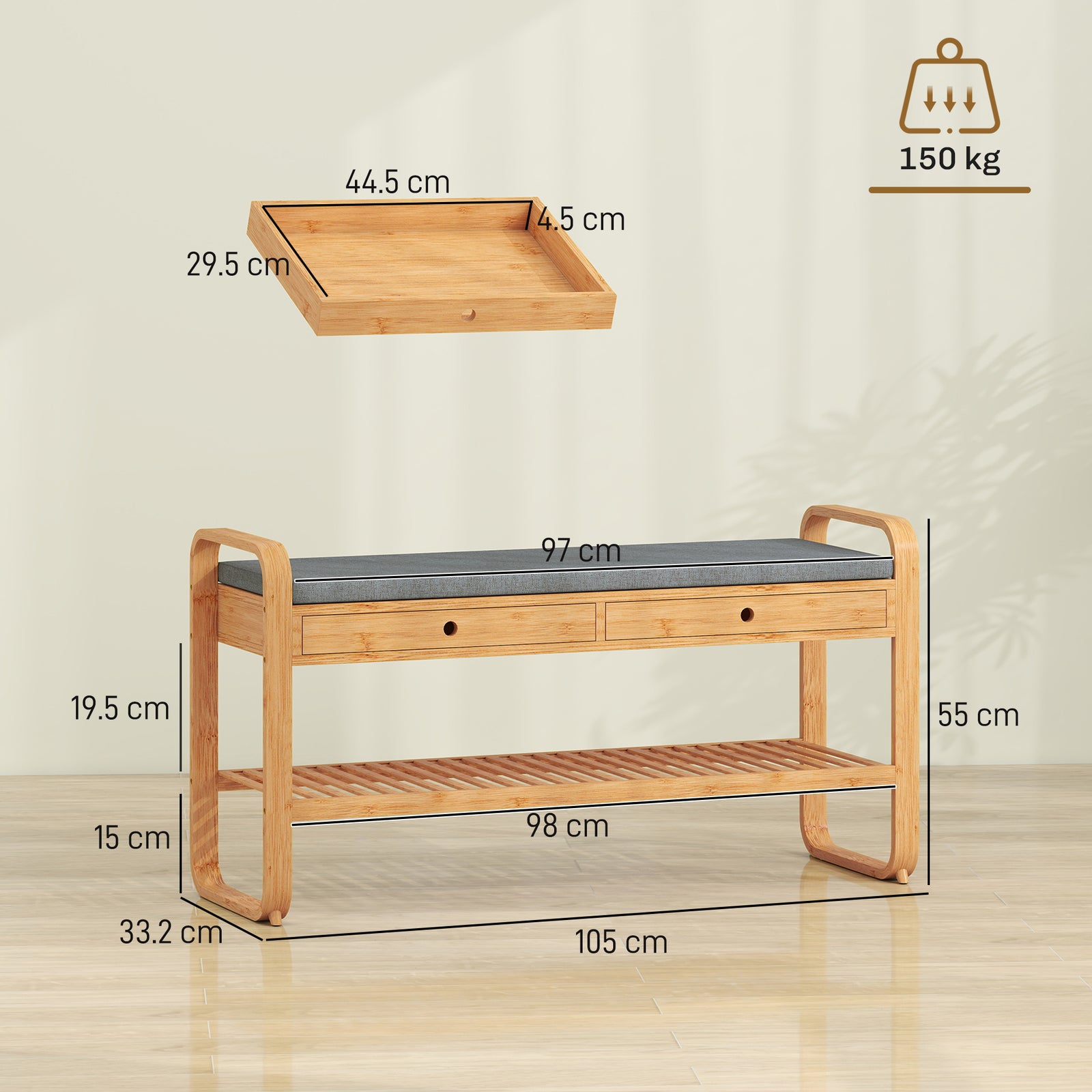 Shoe Bench with 2 Drawers Cushioned Seat Shoe Storage Bench for Hallwa