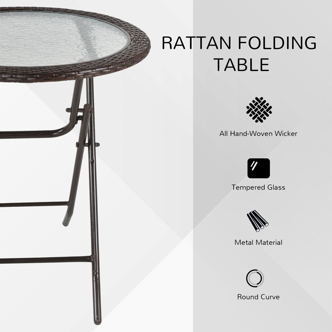 Folding Rattan Garden Dining Table, 68 cm Round Rattan Garden Table with Water Ripple Tempered Glass Top, Wicker Edging and Steel Frame for Outdoor, Patio, Brown