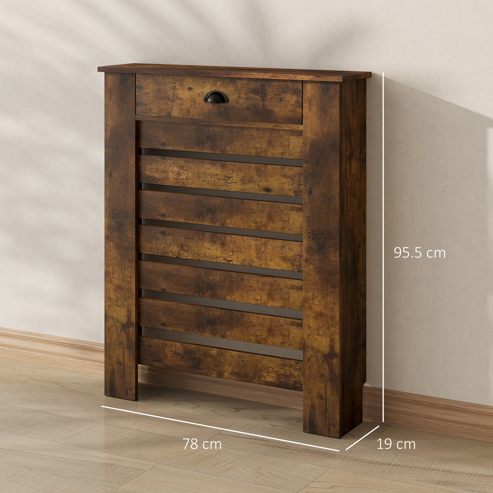 95.5H x 78Wcm Radiator Cover, with Drawer - Rustic Brown