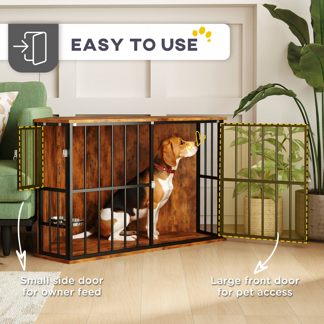 Corner Dog Crate Furniture with Two Bowls, Lockable Doors, for Small, Medium Dogs, Rustic Brown