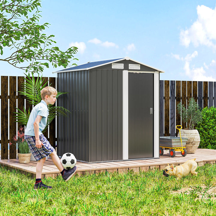Garden Metal Tool Storage Shed with Sliding Door, Sloped Roof and Foundation Kit, 152 x 132 x 188cm, Grey
