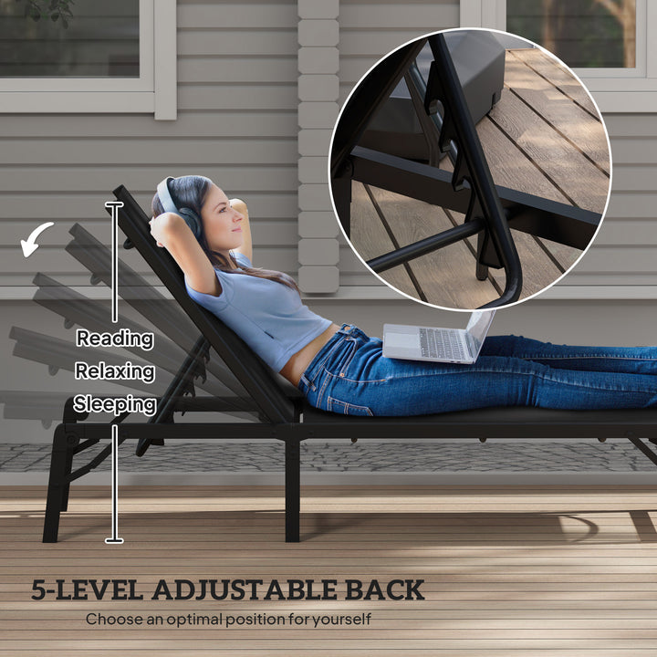 Folding Sun Lounger, 5-Position Adjustable Reclining Garden Lounger, Garden Chaise Lounge Sunbed Recliner Chair with Steel Frame for Beach, Porch, Patio, Camping, Black