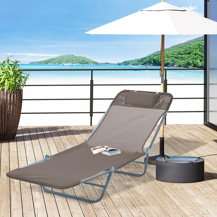 Outdoor Foldable Sun Lounger, Adjustable Backrest Garden Recliner Sun Lounger Chair with Headrest Pillow, Coffee