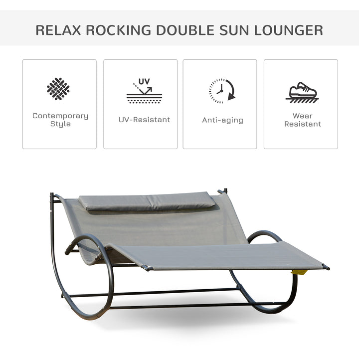 Double Sun Lounger, Rocking Lounger Sunbed Daybed with Armrest and Headrest Pillow, for Two, For Outdoor Patio Garden, Grey