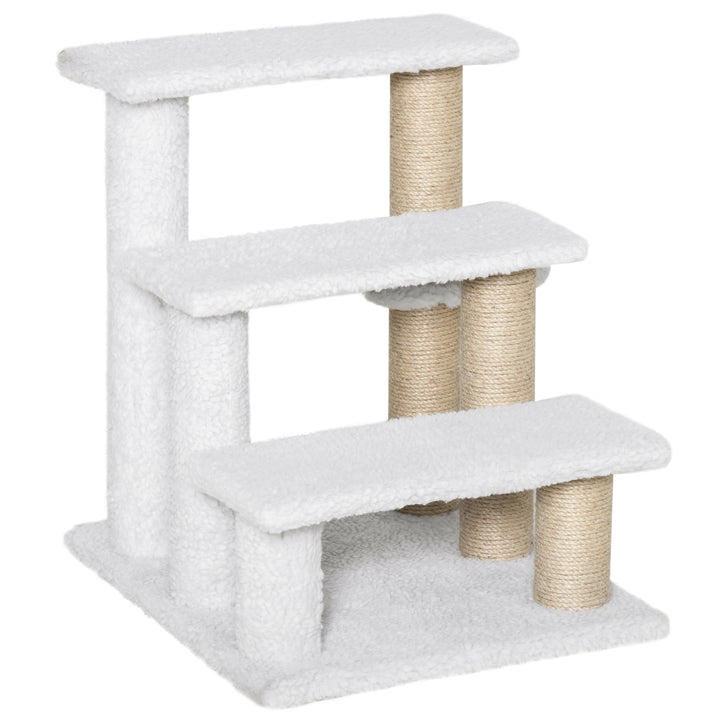 PawHut Pet Stair with 3-step Climb Ladder, Scratching Posts, Platforms, Toy Ball, for Indoor Elderly Cats Kittens, White