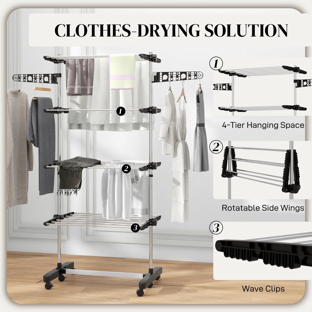 Four-Shelf Collapsing Clothes Horse, With Side Arms and Wheels - Black