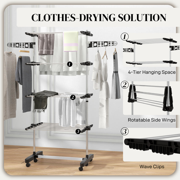 Four-Shelf Collapsing Clothes Horse, With Side Arms and Wheels - Black