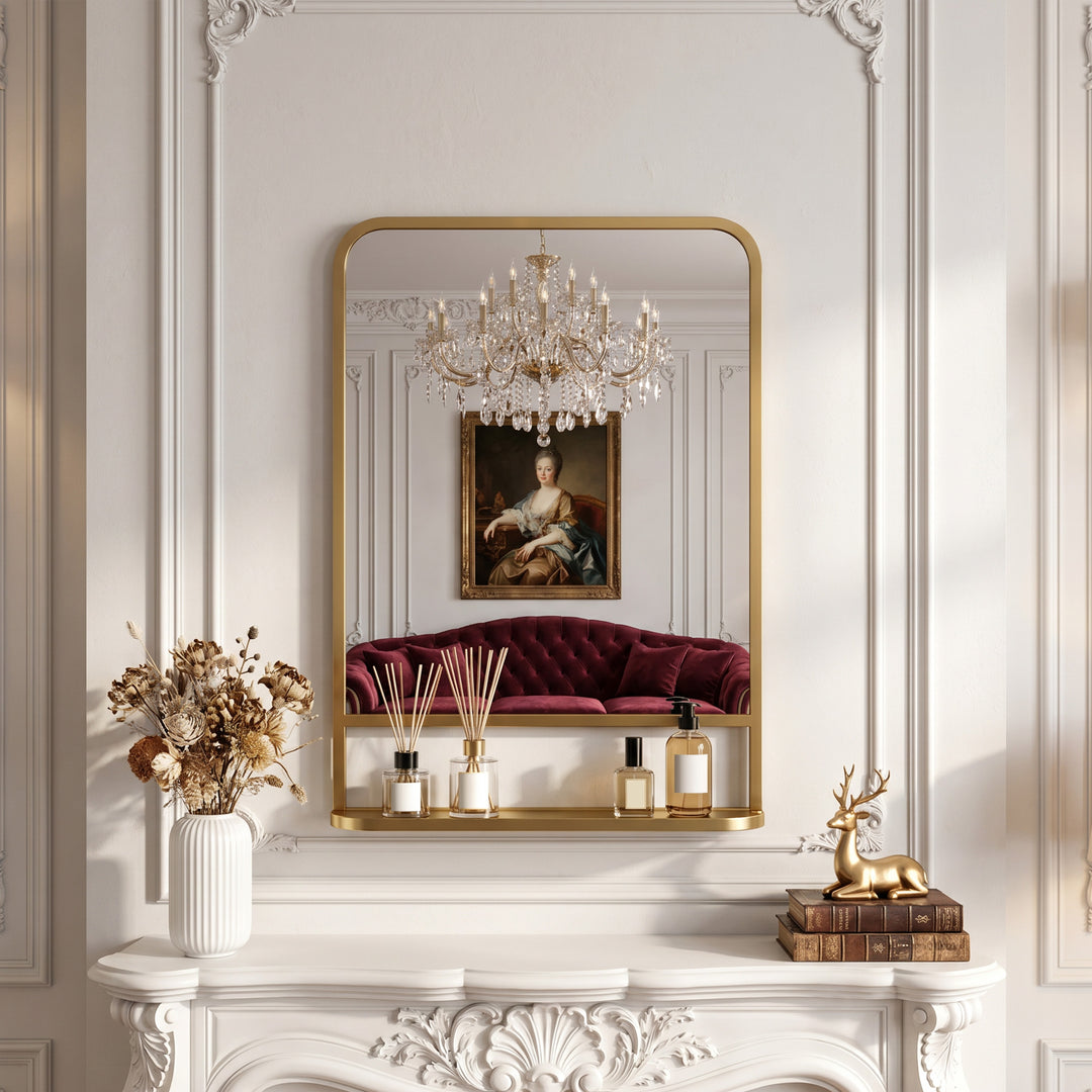 Modern Rectangular Wall Mirror with Storage Shelf, 70 x 50 cm, Gold To