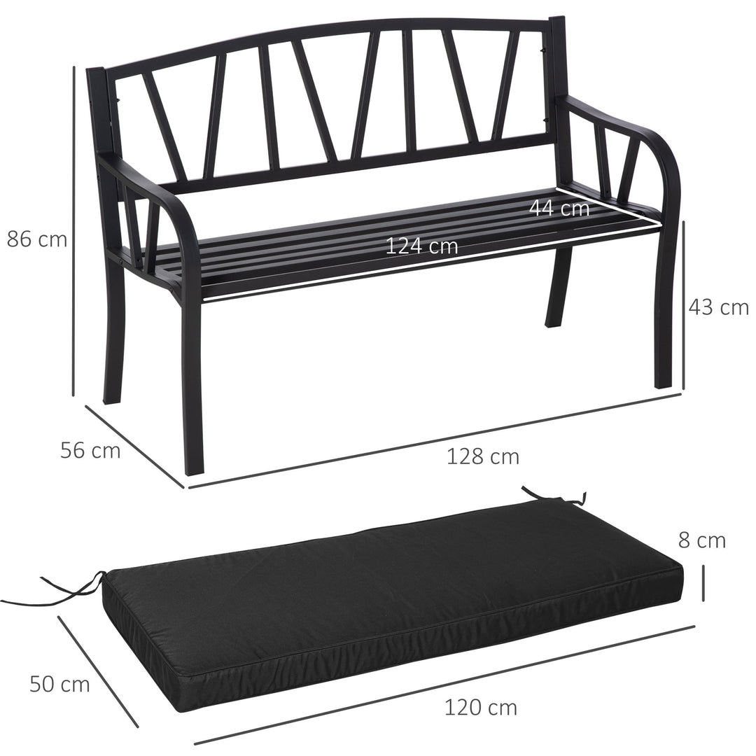 2-Seater Garden Bench with Cushion, Metal Loveseat, Slatted Outdoor Park Chair with Decorative Backrest and Armrest, Black