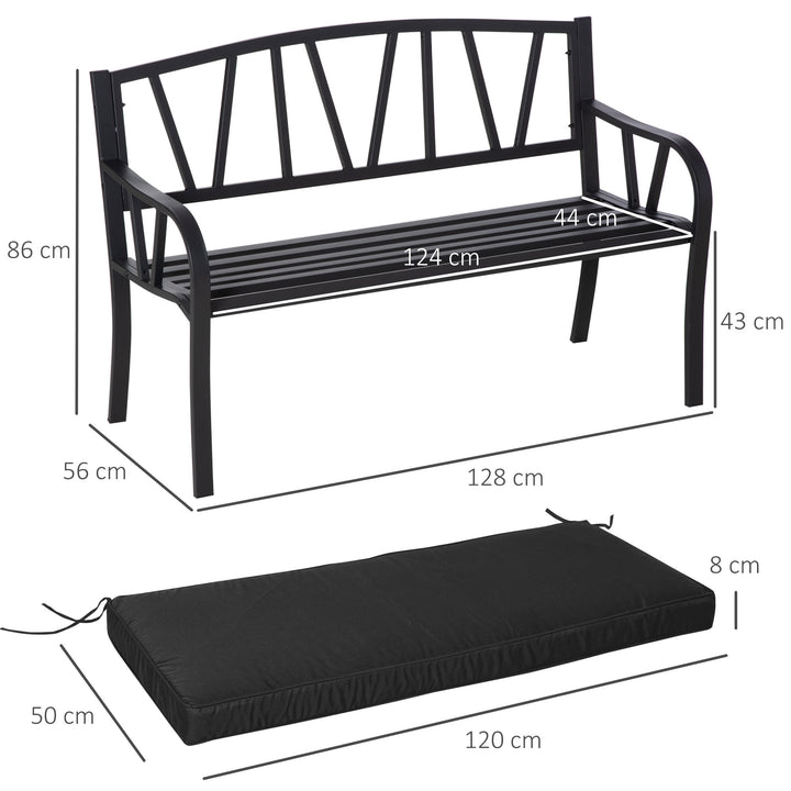 2-Seater Garden Bench with Cushion, Metal Loveseat, Slatted Outdoor Park Chair with Decorative Backrest and Armrest, Black