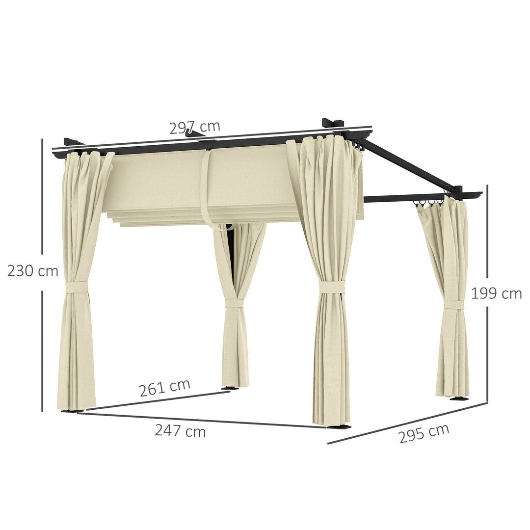 3 x 3 m Retractable Roof Pergola, with Curtains - Beige
