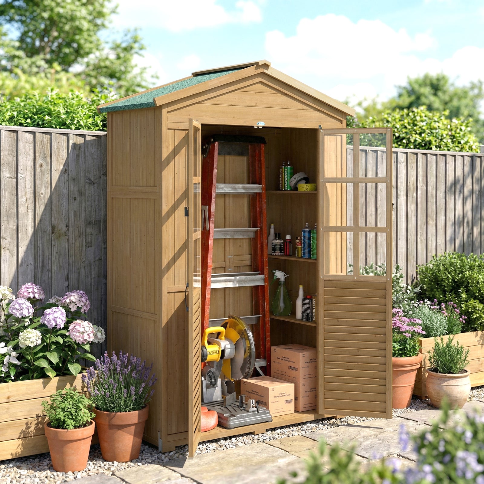 Outdoor Wooden Storage Cabinet, Garden Tool Shed with Acrylic Windows 