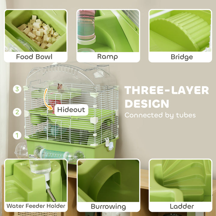 3-Tier Hamster Cage with Transparent Top, Sand Bathroom, Exercise Wheel, Hideout Room, Tubes, 45 x 28 x 60 cm, Green