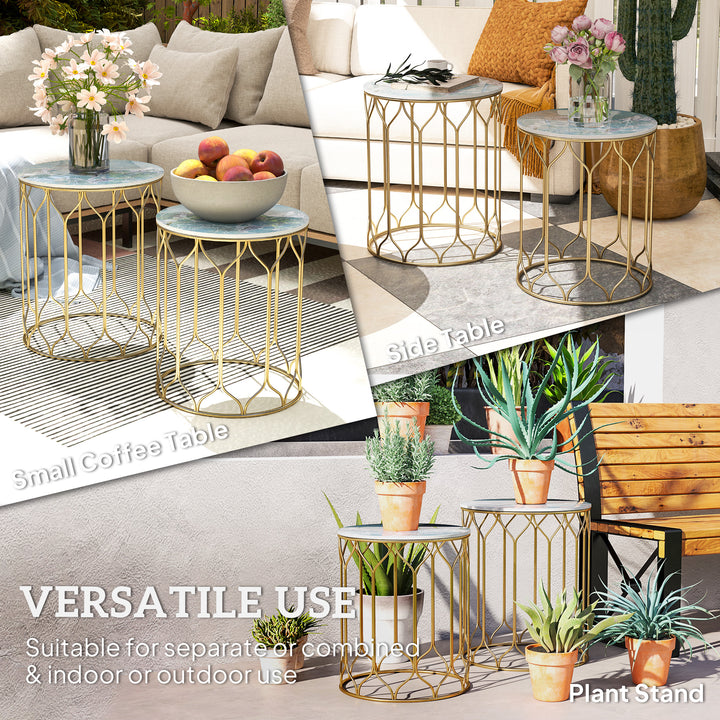 Outsunny Garden Side Table Set of 2, Nesting Tables with Ceramic Tile Top, Indoor Outdoor Small Garden Tables, Multifunctional End Tables with Metal Frame for Patio, Balcony, Porch, Multicoloured