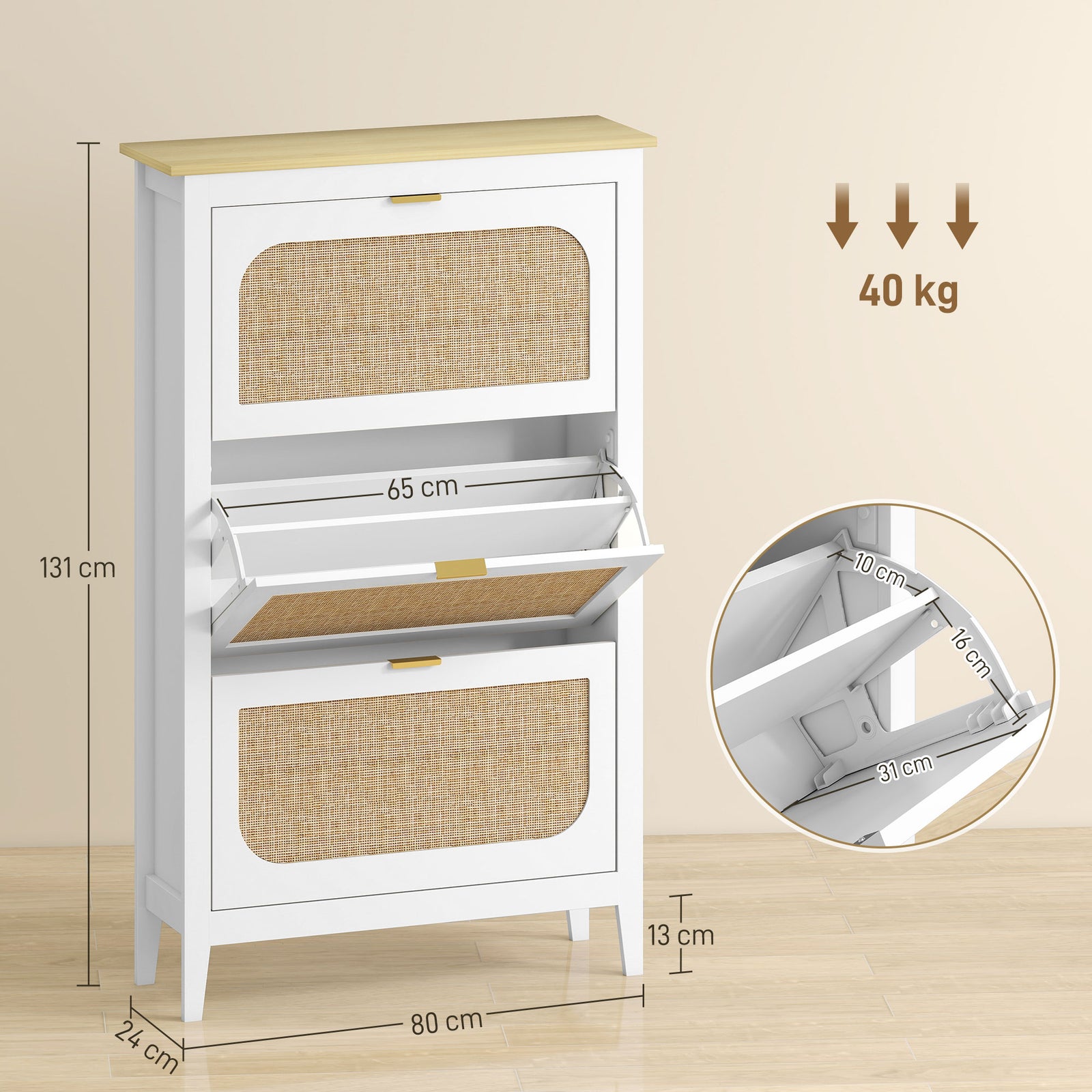 Narrow Shoe Cabinet, Boho Slim Shoe Storage Cabinet with 3 Flip Drawer