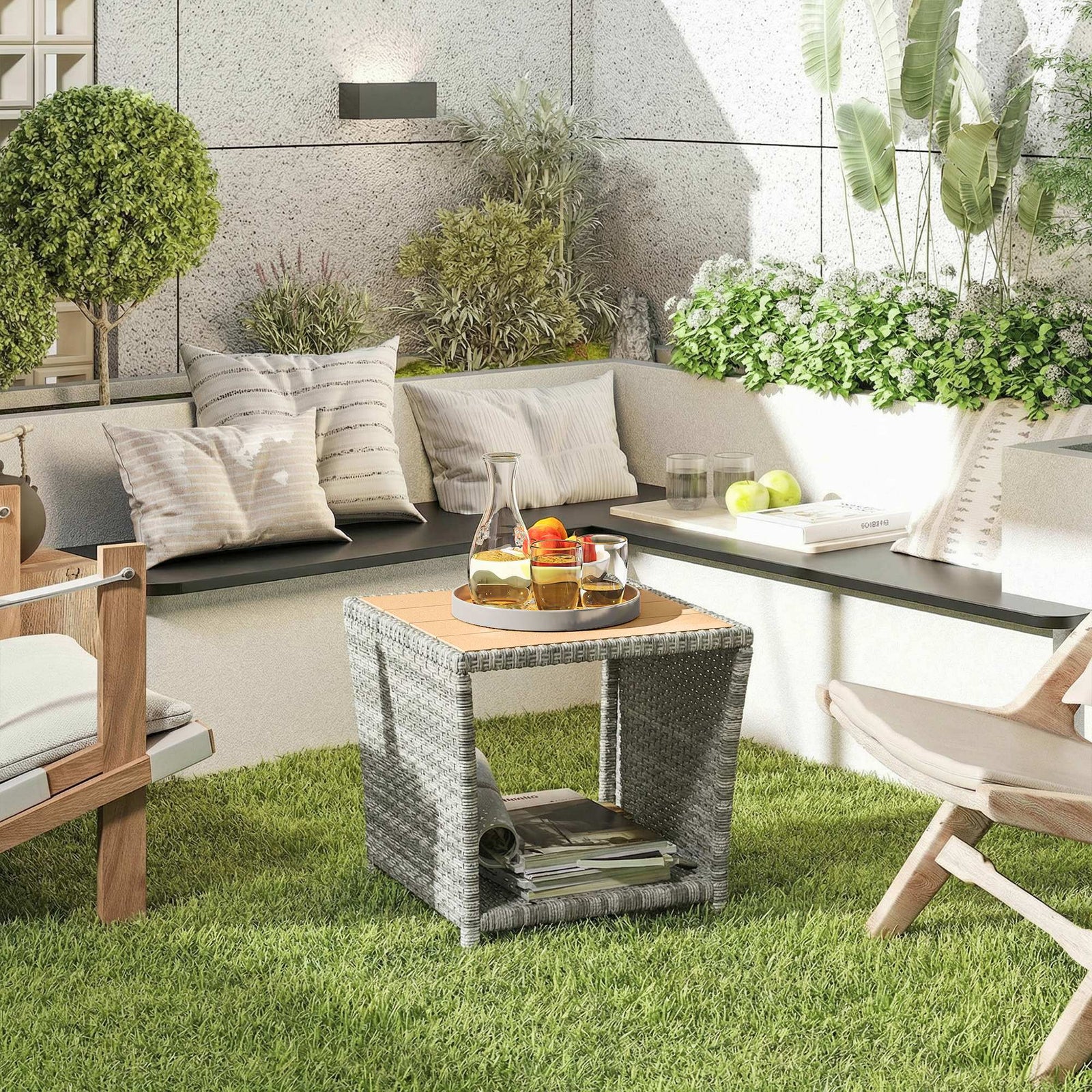 Side Table 2-Tier Outdoor Coffee Table with Storage Shelf PS Wood Slat