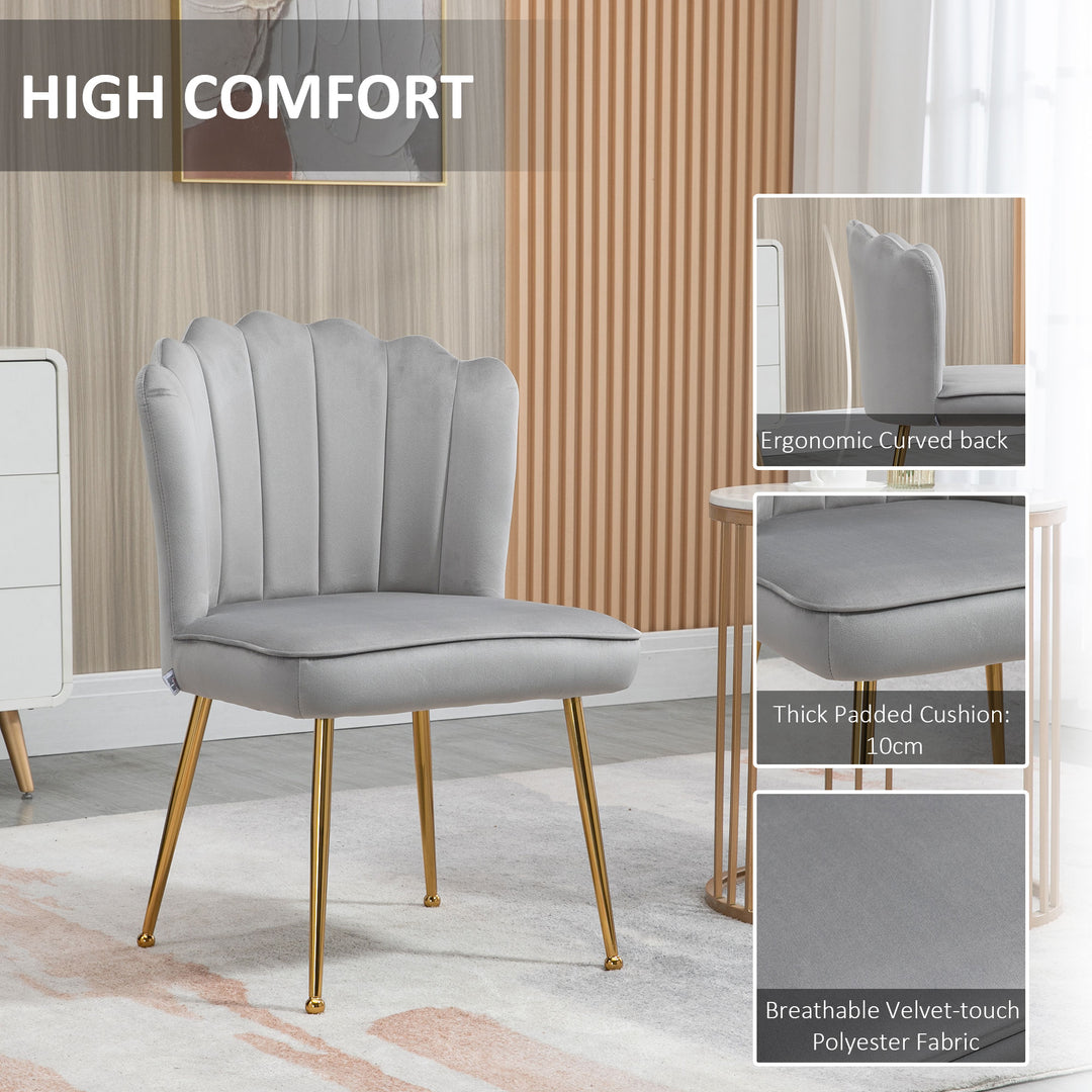 Shell Dining Chairs Set of 2, Upholstered Kitchen Chairs with Gold Metal Legs and Backrest, Velvet Fabric Lounge Leisure Chairs for Living Room, Reception Room, Grey