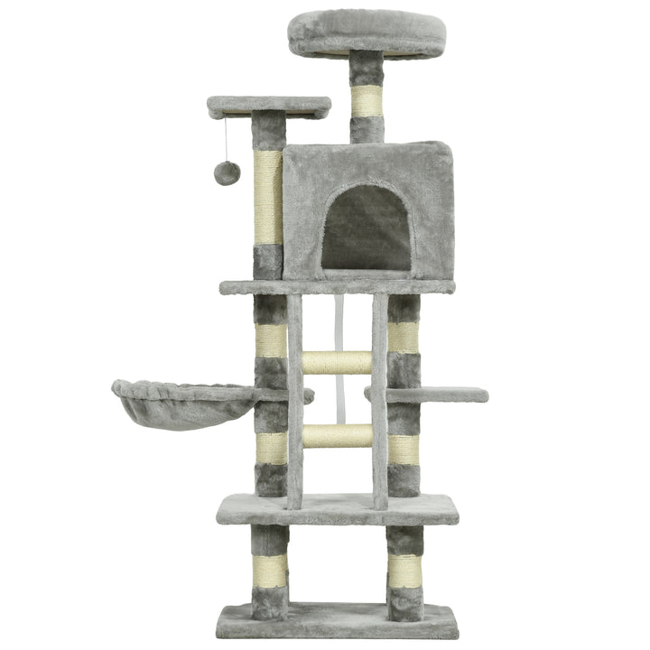 PawHut 132cm Cat Tree with Scratching Post, House, Hammock, Grey | Aosom UK