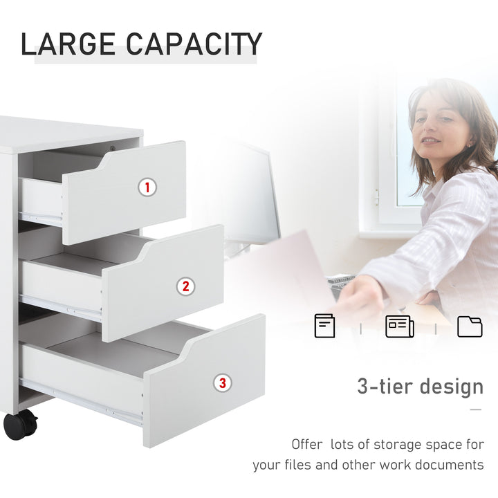 HOMCOM 3 Drawer Mobile File Cabinet, Vertical Filing Cabinet with Wheels for Home Office, White