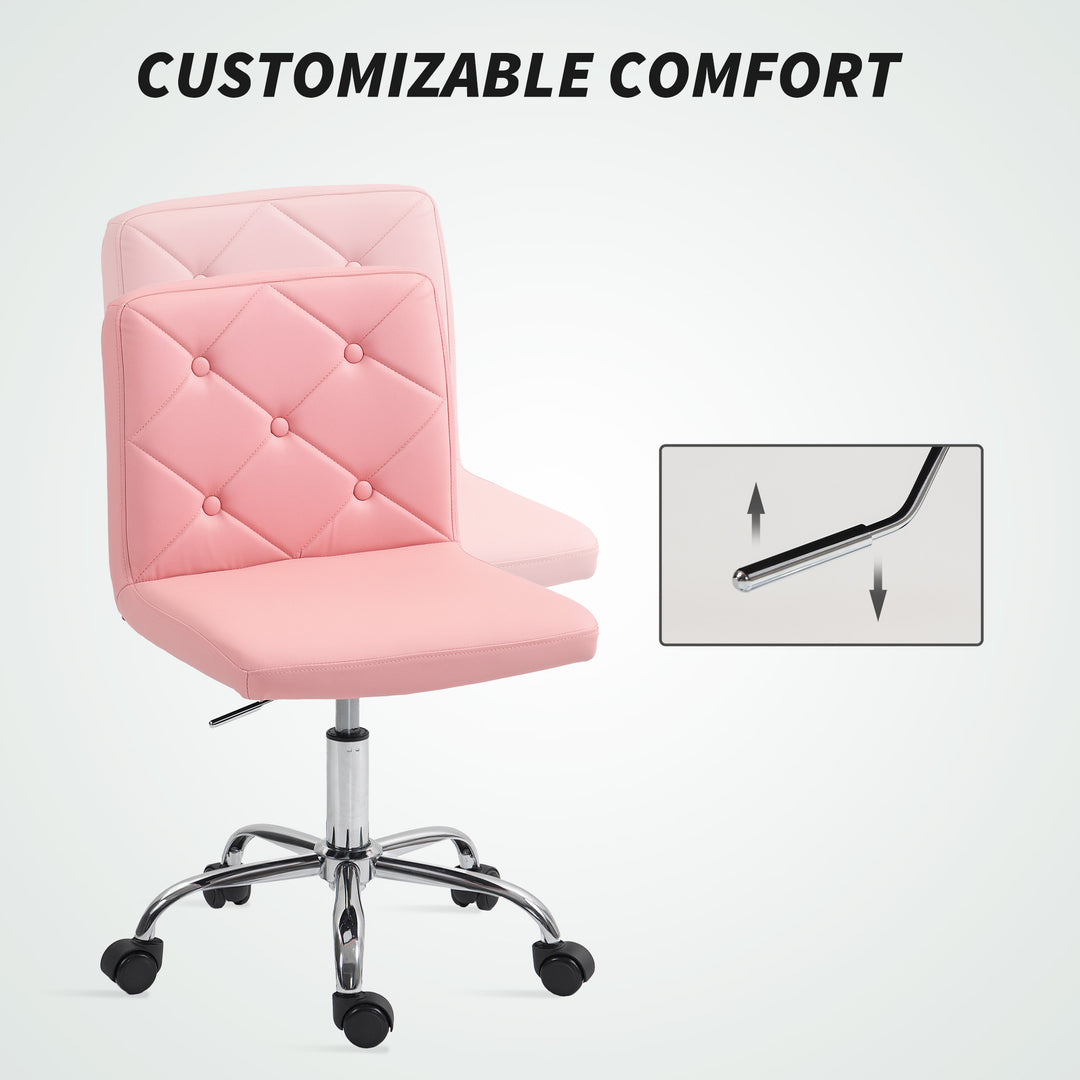 PU Leather Armless Office Chair, Modern Vanity Computer Swivel Chair with Rolling Wheels and Adjustable Height for Home Study, Bedroom, Pink