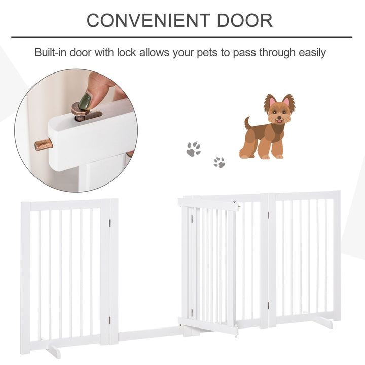 Freestanding Pet Gate 4 Panels Wooden Dog Safety Fence Foldable with Support Feet for Doorway Stairs 91cm Tall White