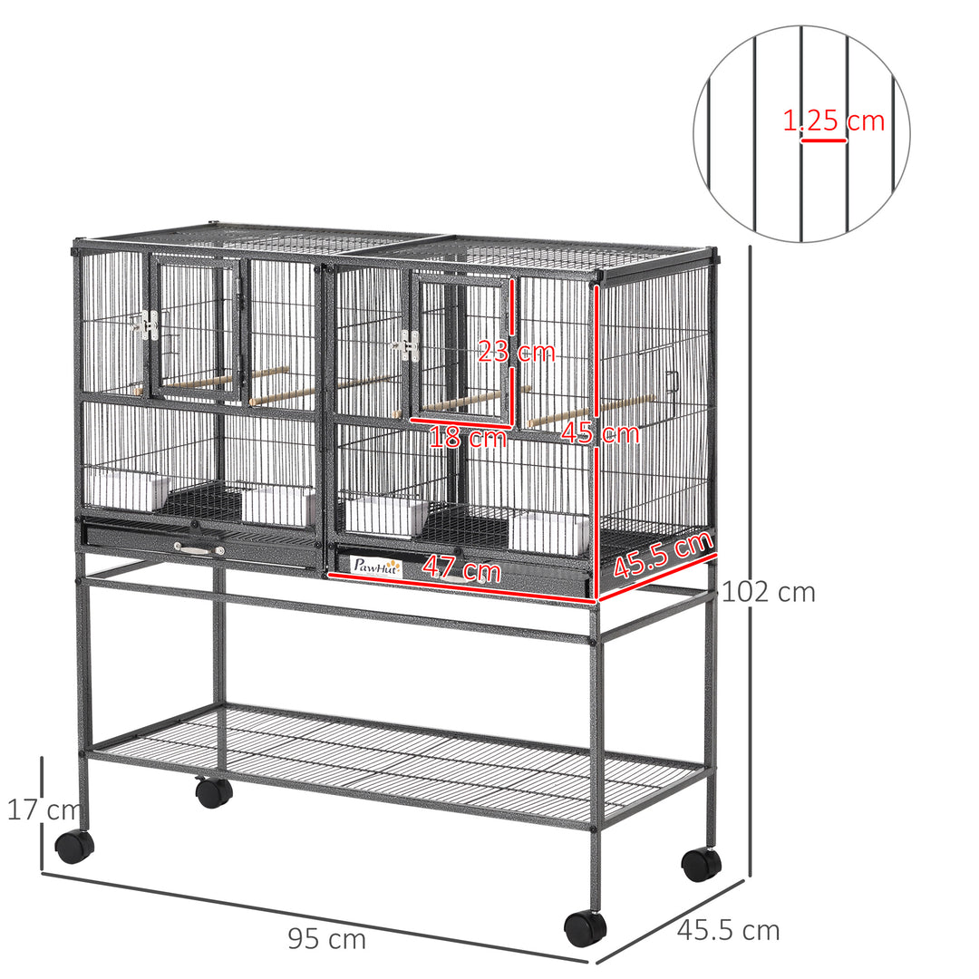 PawHut Double Rolling Metal Bird Cage Parrot Cage with Removable Metal Tray, Storage Shelf, Wood Perch, and Food Container