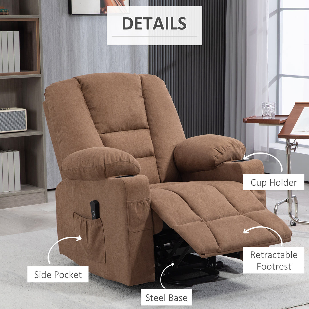 Oversized Riser and Recliner Chairs for the Elderly, Fabric Upholstered Lift Chair for Living Room with Remote Control, Side Pockets, Cup Holder, Brown