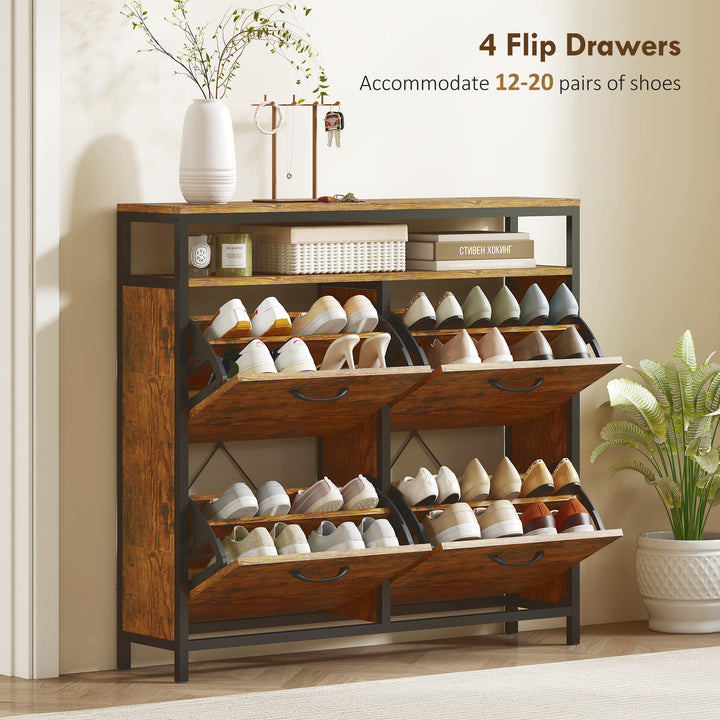 Shoe Storage Cabinet with 4 Flip Drawers and Open Shelf - Rustic Brown