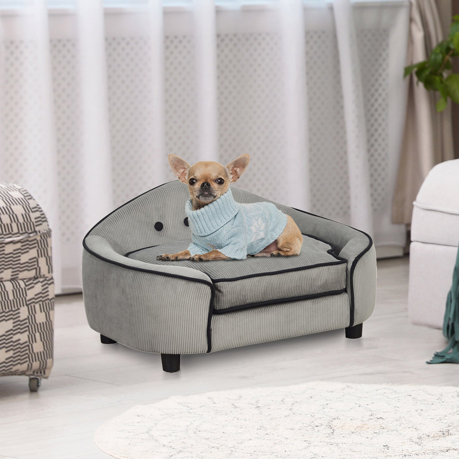 Dog Sofa for XS and S Size Dogs, Pet Chair Bed with Soft Cushion, Cat Sofa Couch with Washable Cover, Wooden Frame, 66.5 x 45 x 35.5 cm, Grey