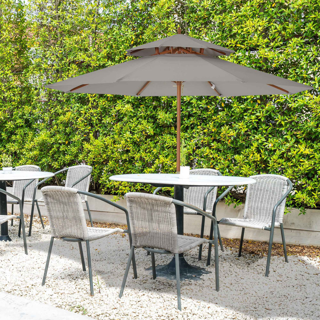 Outsunny Waterproof Wooden Garden Parasol: Double-Tier 2.7m Patio Sunshade, Outdoor Canopy in Stylish Grey | Aosom UK