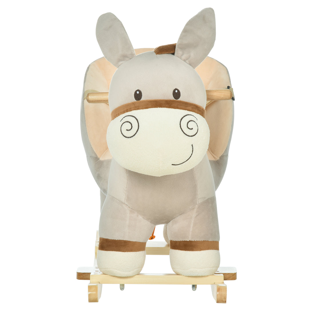 Kids Children Rocking Horse Plush Ride On Donkey Seat w/ Sound Wood Base Seat Safety Belt Toddler Baby Toy Rocker Grey 18 - 36 Months