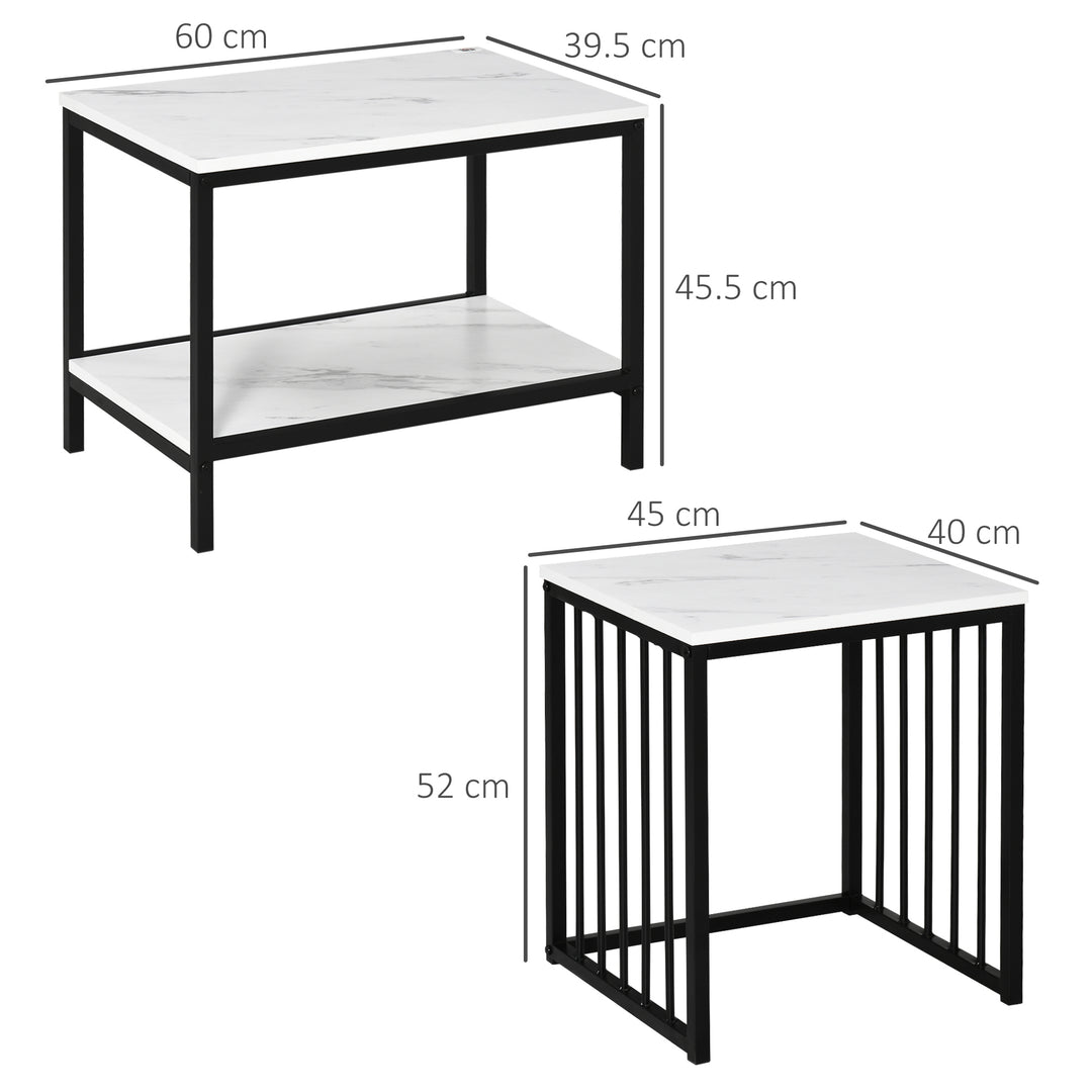 Modern Coffee Table Set of Two, Marble-Effect Nesting Side Tables with Steel Frame for Living Room, White, Black