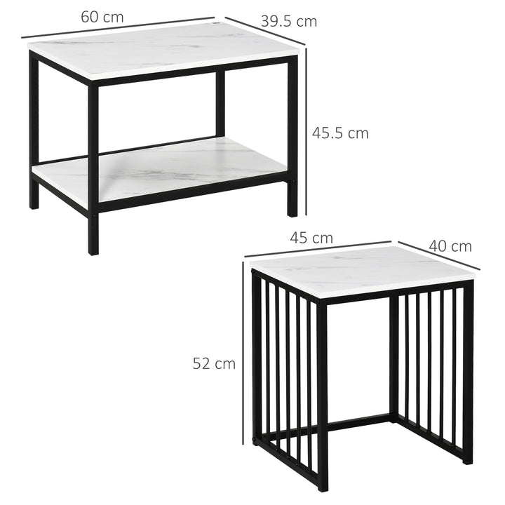 Modern Coffee Table Set of Two, Marble-Effect Nesting Side Tables with Steel Frame for Living Room, White, Black