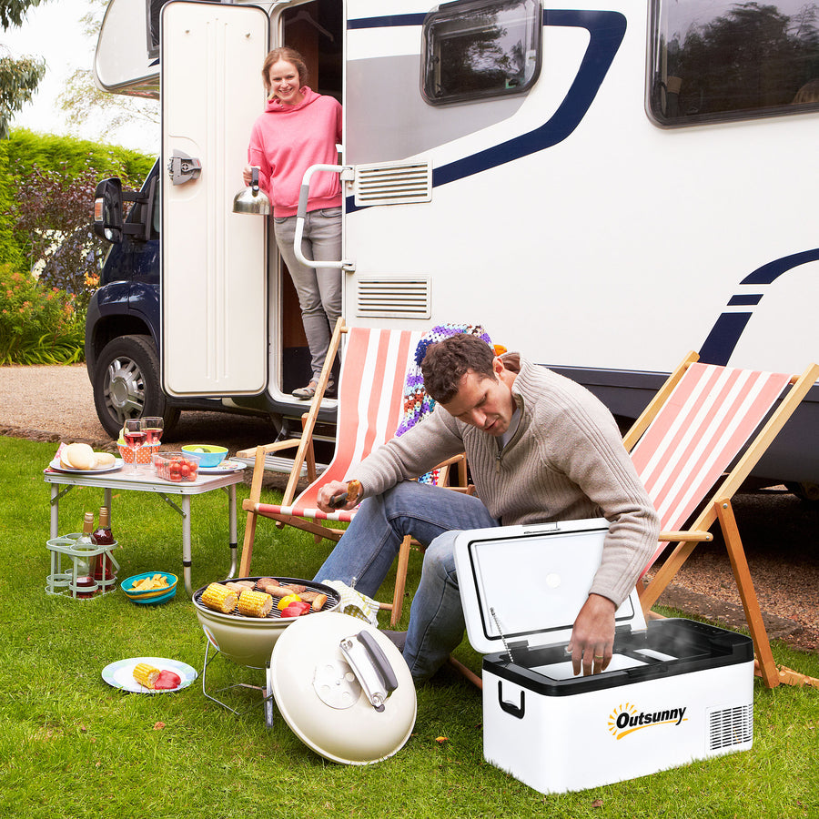 12V Car Refrigerator w/ LED Light & Foldable Handles, 18L Portable Compressor Cooler, Fridge Freezer with 12/24V DC and 110-240V AC for Campervan RV Boat Travel