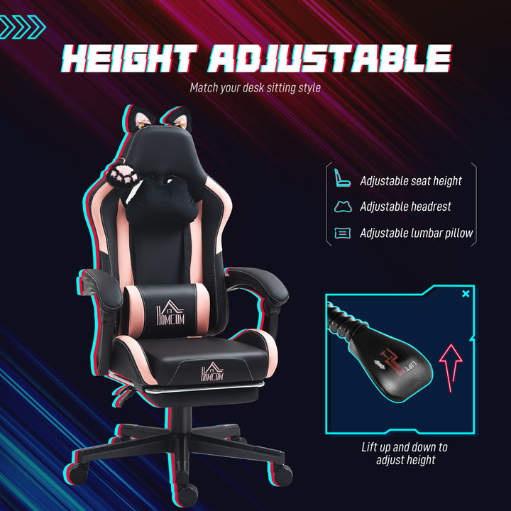 Cat Ear and Paw Reclining Office Chair, with Footrest - Black/Pink
