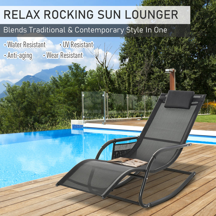 Outdoor Garden Rocking Chair, Patio Sun Lounger Rocker Chair with Breathable Mesh Fabric, Removable Headrest Pillow, Armrest, Side Storage Bag, Black