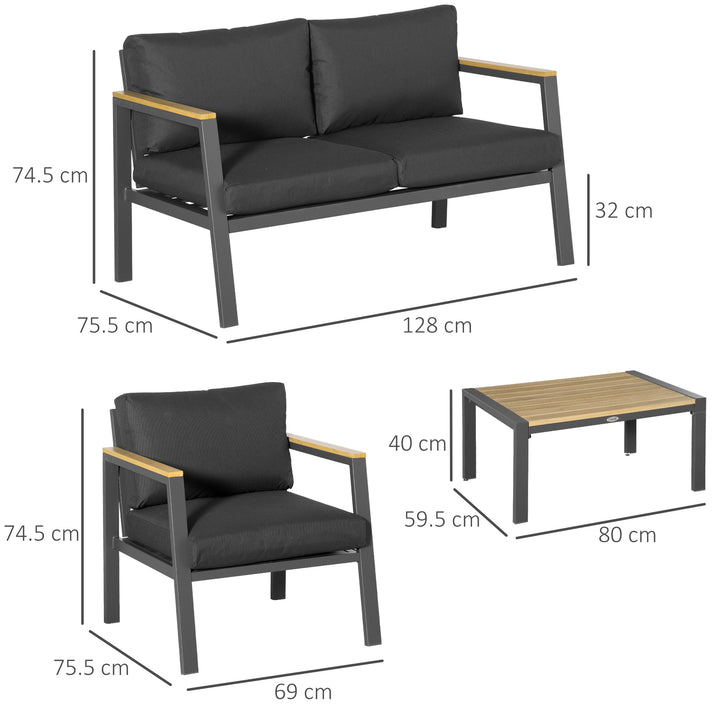 4 Piece Garden Sofa Set with Padded Cushions, 4-Seater Aluminium Outdoor Conversation Furniture Set with Coffee Table, Grey