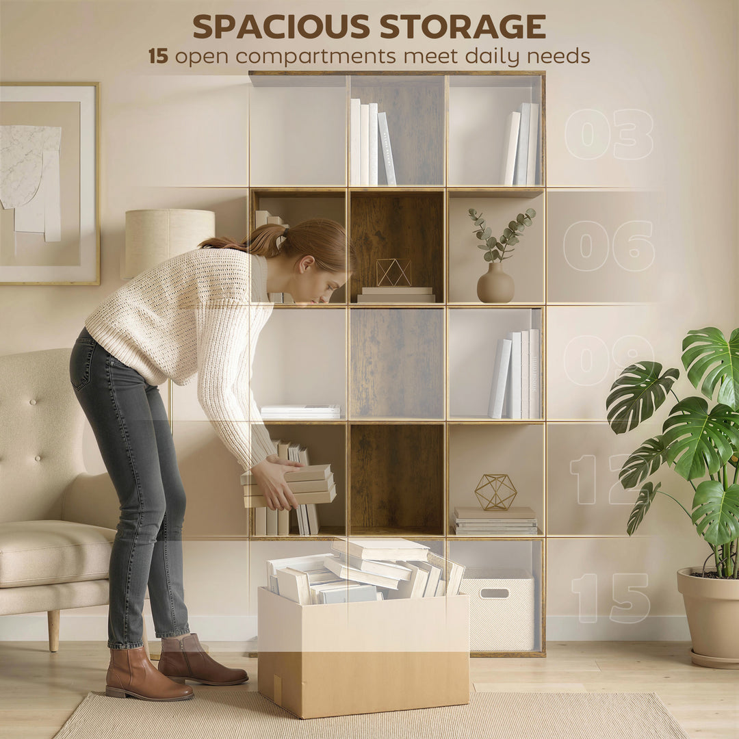5-Tier Bookshelf, S Shaped Geometric Bookcase with 15 Compartments, Ru