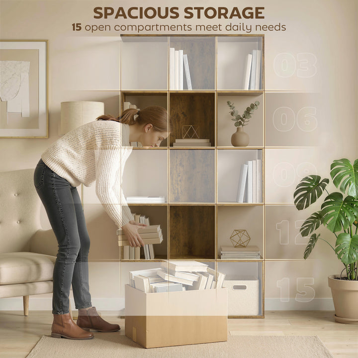 5-Tier Bookshelf, S Shaped Geometric Bookcase with 15 Compartments, Ru