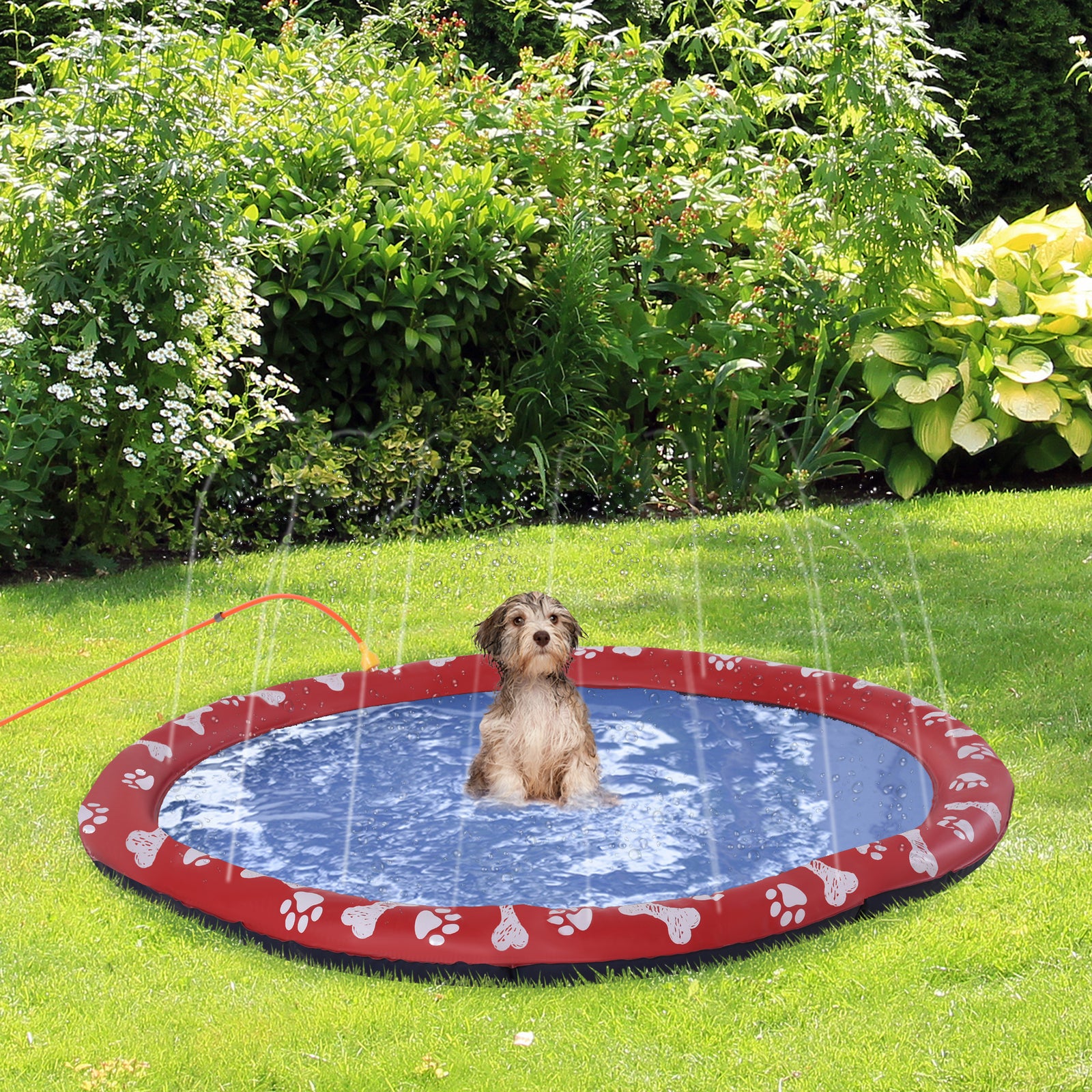 Dog Splash Pad, Pet Sprinkler Mat, Non-Slip Dog Paddling Pool, Foldable Outdoor Sprinkler and Splash Mat Water Play for Garden, Patio, Summer Fun, 150 cm