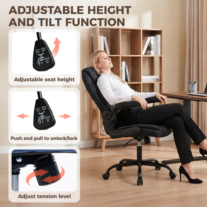 Linen-Look Computer Desk Chair, Executive Office Chair with Flip-Up Ar
