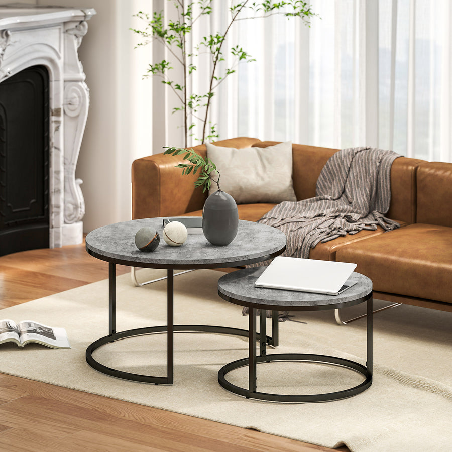 Set of Two Marble-Effect Stacking Tables - Grey/Black