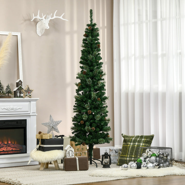 6.5FT Tall Pencil Slim Artificial Christmas Tree with Realistic Branches, Tip Count and Pine Cones, Pine Needles Tree, Xmas Decoration, Green