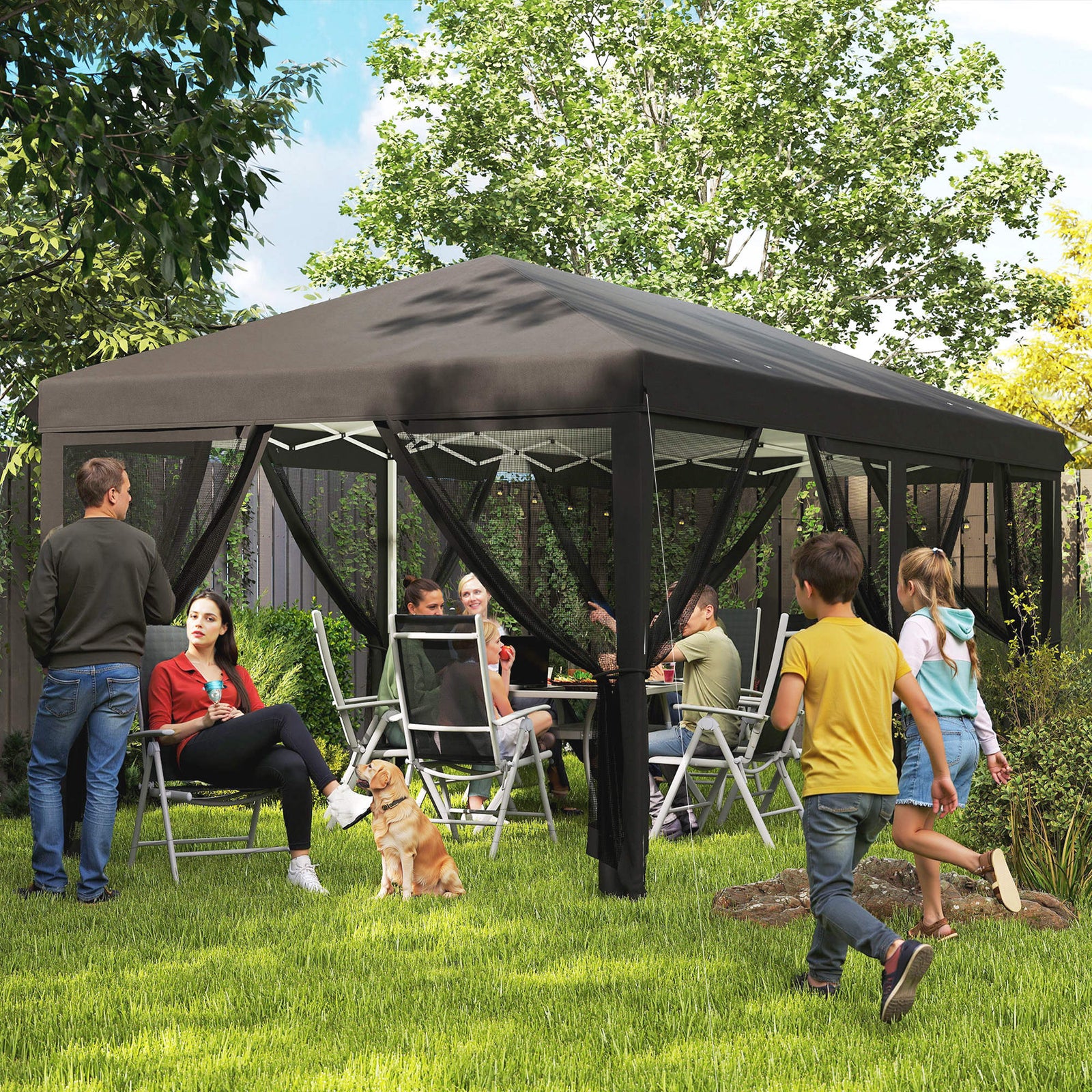 3 x 6m Pop Up Gazebo, Outdoor Canopy Shelter, Marquee Party Wedding Tent with 6 Mesh Walls and Carry Bag, Black