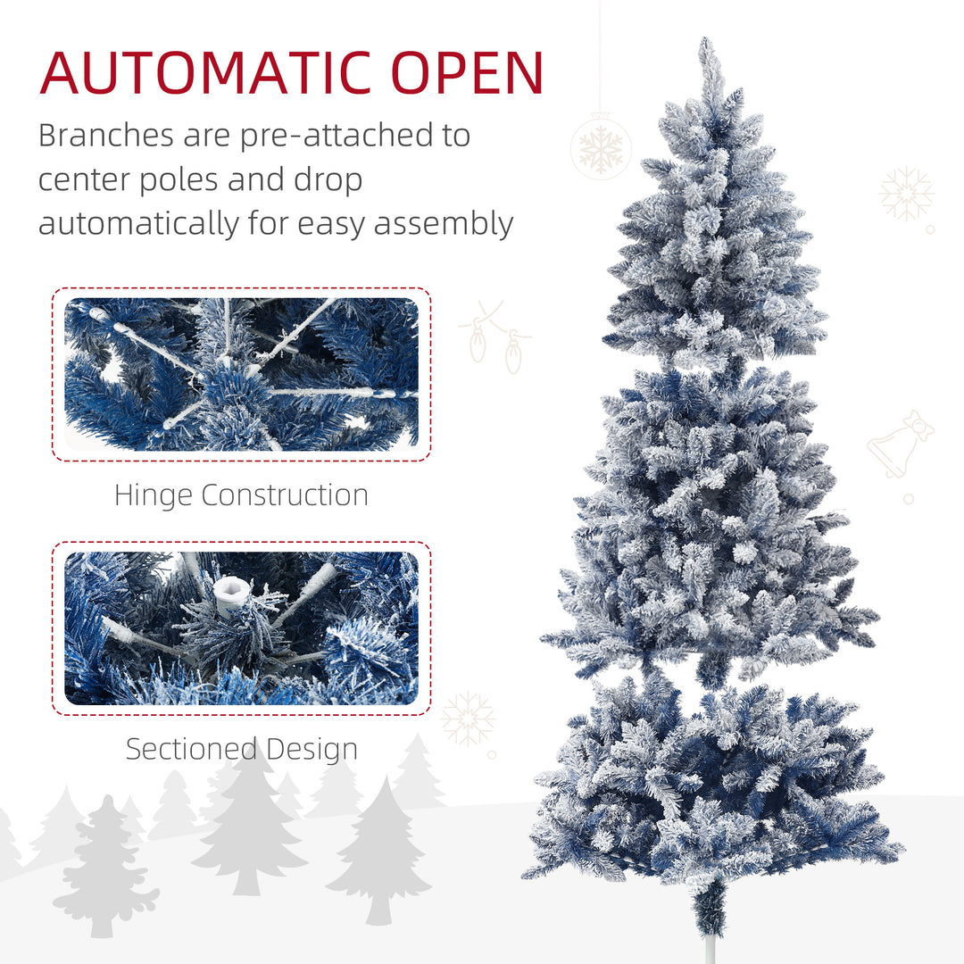 HOMCOM 6ft Flocked Artificial Christmas Tree with 700 Snow Frosted Tips, Metal Stand, Snowy Hinged Xmas Tree, Blue