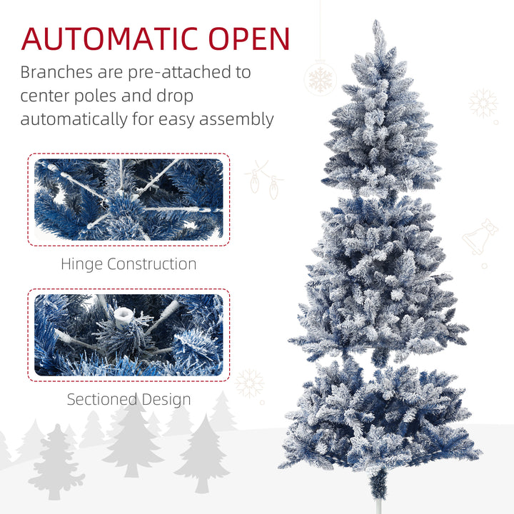 HOMCOM 6ft Flocked Artificial Christmas Tree with 700 Snow Frosted Tips, Metal Stand, Snowy Hinged Xmas Tree, Blue