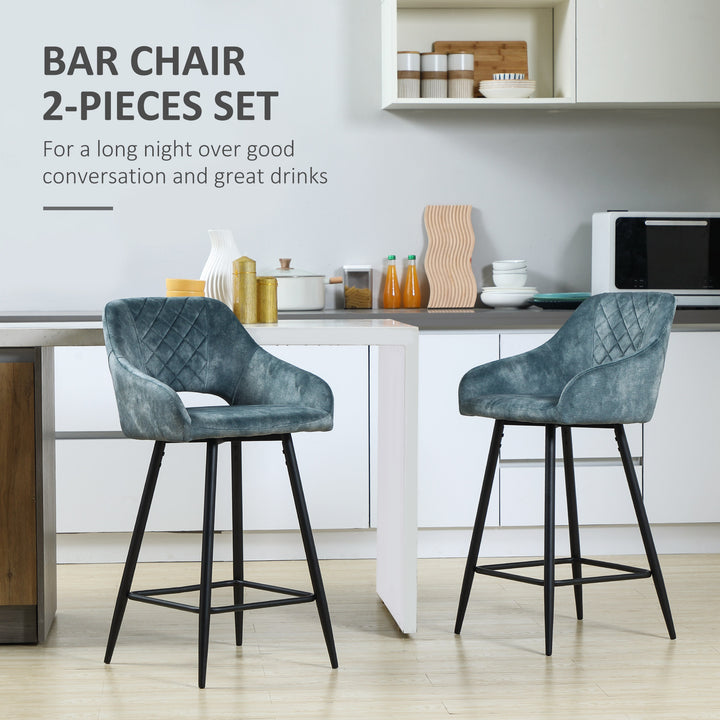 MCL Bar Stools Set of 2, Velvet-Touch Fabric Counter Height Bar Chairs, Kitchen Stools with Steel Legs for Dining Area, Kitchen Island Barstools, Blue