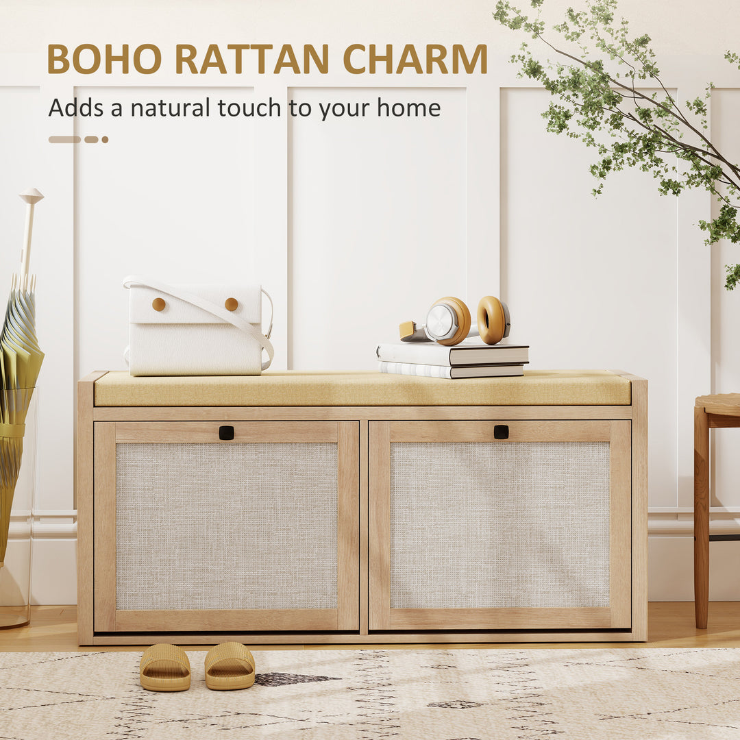 Rattan Shoe Bench with Padded Cushion and 2 Cabinets for Hidden Storag