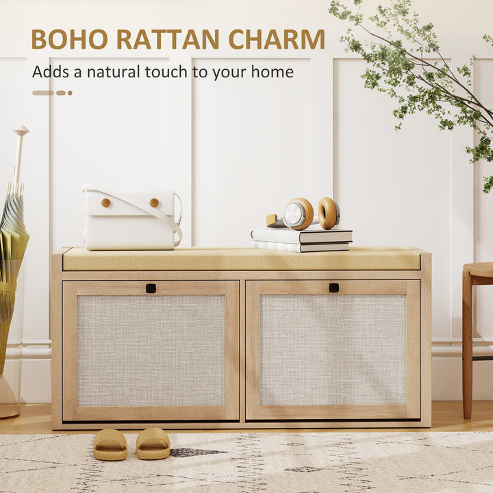 Rattan Shoe Bench with Padded Cushion and 2 Cabinets for Hidden Storag