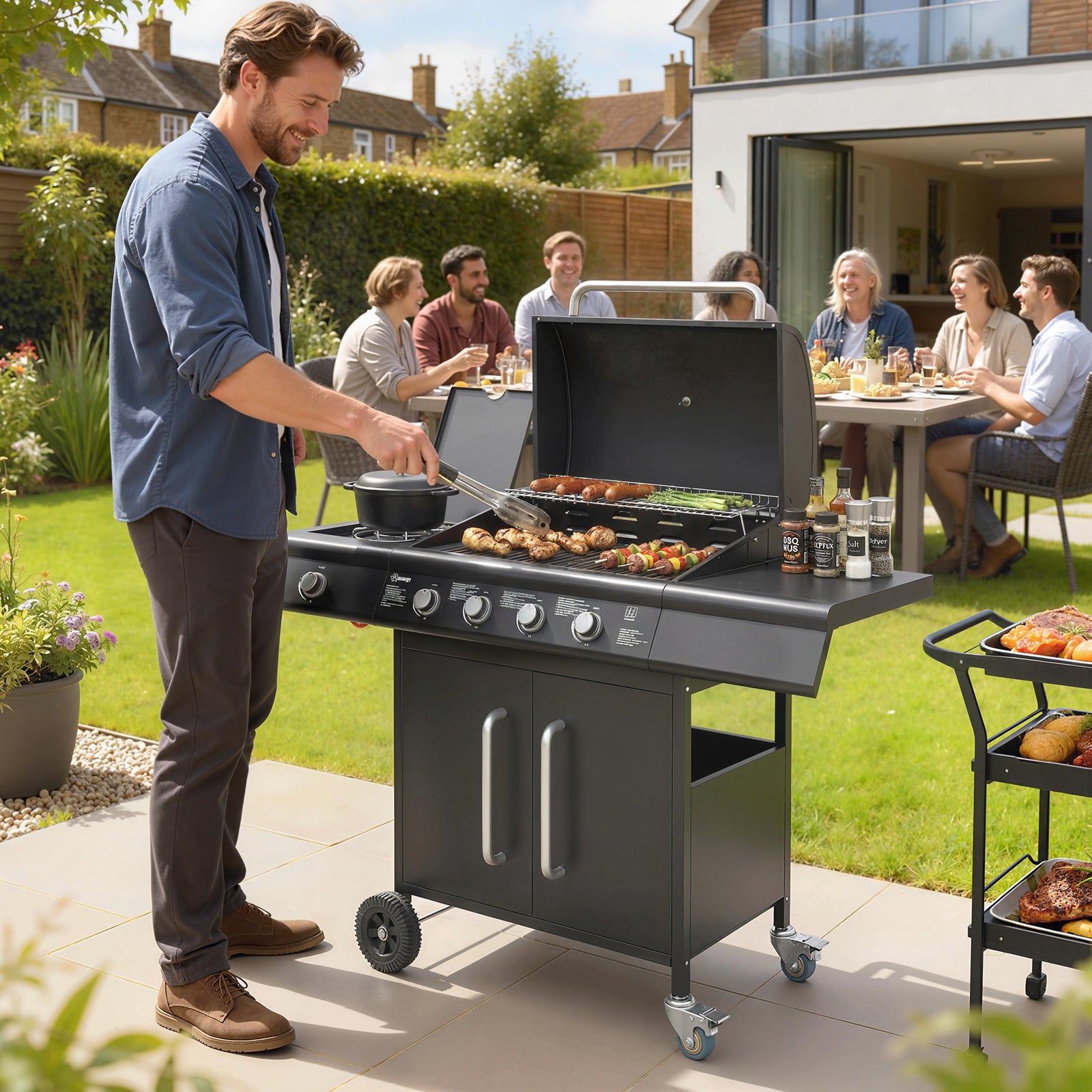 4+1 Burner Gas BBQ Grill with Storage Cabinet, 15.2 kW Gas Barbecue Tr